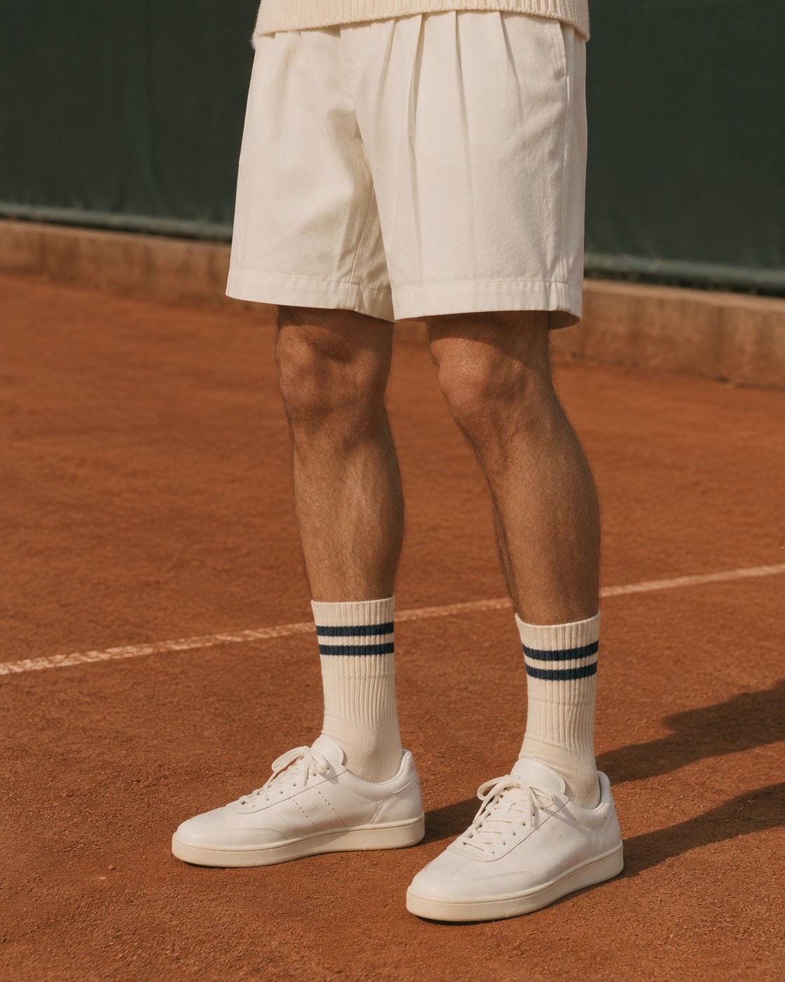 Cream tennis sock with navy stripes worn with white sneakers on a clay tennis court